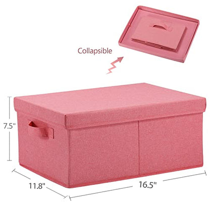 HOONEX Linen Foldable Storage Bins with Lids, 2 Pack, Storage Boxes with Carrying Handles and Sturdy Heavy Cardboard, 16.5" L x 11.8" W x 7.5" H for Shoes, Books, Clothes, Nursery, Pink - color: Pink