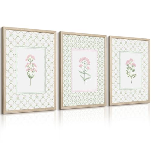 Pink Green Floral Wall Art Girl Room Wall Decor Nursery Flower Pictures Pastel Floral Canvas Posters Cute Flower Prints Pink Sage Green Botanical Painting for Bathroom Bedroom 16x24 Inch Framed 3Pcs - color: Pink Green Art, size: 16''x24'' Framed