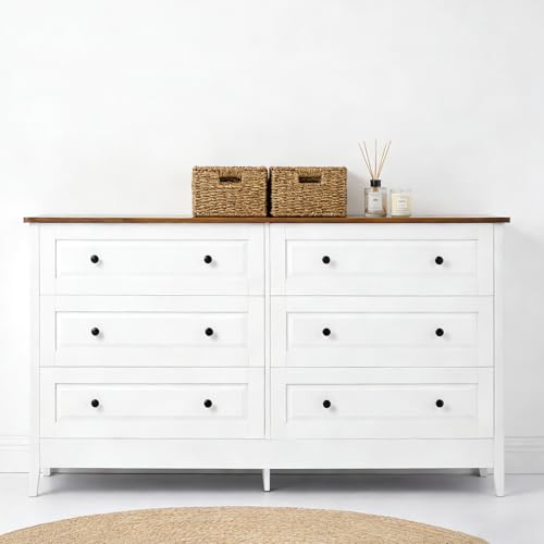 6 Drawer Chest of Drawers for Bedroom Living Room Entryway | Bedroom Furniture Chester, Stylish White Modern Painted Solid Wood Anti-Tip Design Closet Storage Organizer Easy Assembly