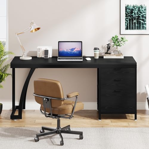 Tribesigns Computer Desk with 3 Drawers, 59-Inch PC Desk with Reversible Drawers, Industrial Study Writing Table Workstation with File Storage for Home Office (Black) - color: Black