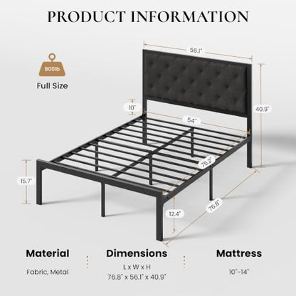 SHA CERLIN Full Size Metal Bed Frame with Linen Tufted Headboard, Dark Gray | Modern Design Heavy-Duty Platform Bed, No Box Spring Need, Linen Fabric Upholstery, Noise Free, Easy Assembly - color: Dark Grey, size: Full