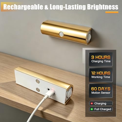 2 Pack Motion Sensor Wall Light, Rechargeable Wall Sconces | Wall Sconces Battery Operated with 3 Colors & Dimmable, Magnetic Wireless Wall Sconces for Stair Bedroom Hallway (Gold) - color: Glod