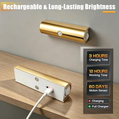 2 Pack Motion Sensor Wall Light, Rechargeable Wall Sconces | Wall Sconces Battery Operated with 3 Colors & Dimmable, Magnetic Wireless Wall Sconces for Stair Bedroom Hallway (Gold) - color: Glod