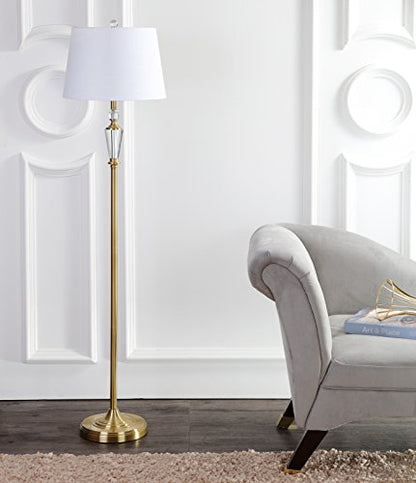JONATHAN Y Acadia Floor Lamp 61" Crystal Metal, Brass Gold/Clear | Traditional Slender Standing Light, White Linen Drum Shade, for Living Room, LED Bulb Included