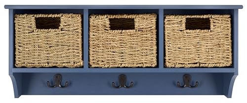SAFAVIEH Home Collection - Finley Blue Wall Mounted 3-Basket Storage Rack with Hooks & Seagrass Baskets (HAC5700F) - color: Blue