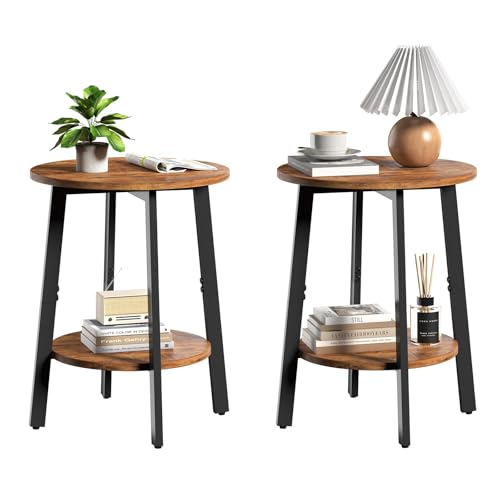 sthmec Side Table Set of 2, Small Round End Table with Storage Shelf for Small Space, 2-Tier Bedside Table Sofa Couch Table, Nightstands Set of 2 Accent Table for Living Room, Bedroom, Rustic Brown - color: Rustic Brown