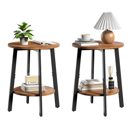 sthmec Side Table Set of 2, Small Round End Table with Storage Shelf for Small Space, 2-Tier Bedside Table Sofa Couch Table, Nightstands Set of 2 Accent Table for Living Room, Bedroom, Rustic Brown - color: Rustic Brown