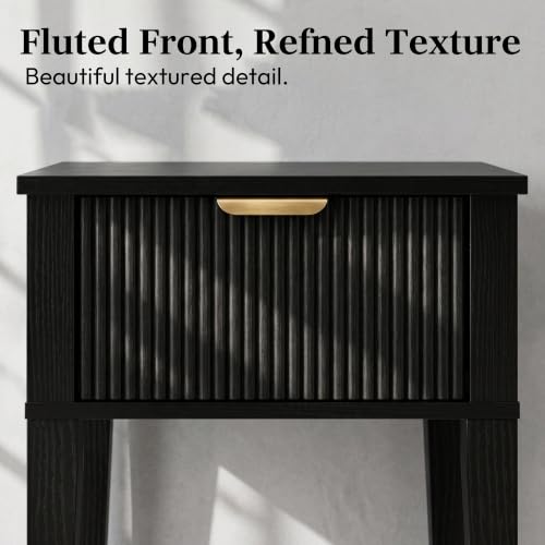 Black 15.4" Wide Small Nightstand with Drawer,Open Shelf,Fluted | Black wood-grain finish, fluted drawer front with gold handle, 11.8-inch slim depth, designer-inspired bedside storage - color: Black