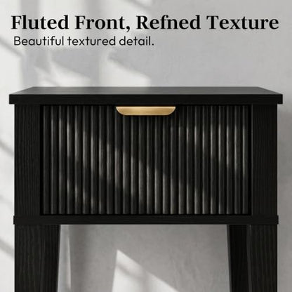 Black 15.4" Wide Small Nightstand with Drawer,Open Shelf,Fluted | Black wood-grain finish, fluted drawer front with gold handle, 11.8-inch slim depth, designer-inspired bedside storage - color: Black