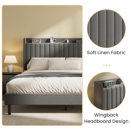 Queen Linen Bed Frame with Storage Headboard & Charging Station | Vertical Channel Tufted, Mattress Non-slip Design, No Box Spring Needed, Noise-Free, Easy Assembly, Sturdy, Wingback - color: Grey, size: Queen