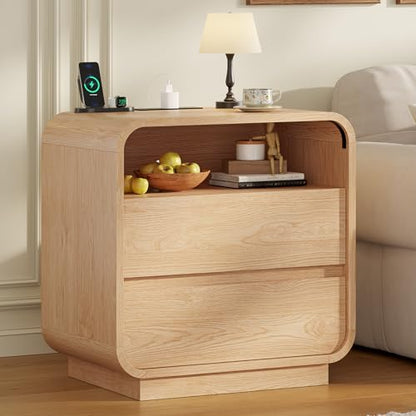 HAUOMS 23.6" Wide Wood Bedside Table, Curved Profile Design, Natural Oak | Charging Station, 2 Storage Drawers, 25" Tall Nightstand, Large Mid Century End Table, Bedroom/Living Room, Easy Assembly - color: Natural Oak