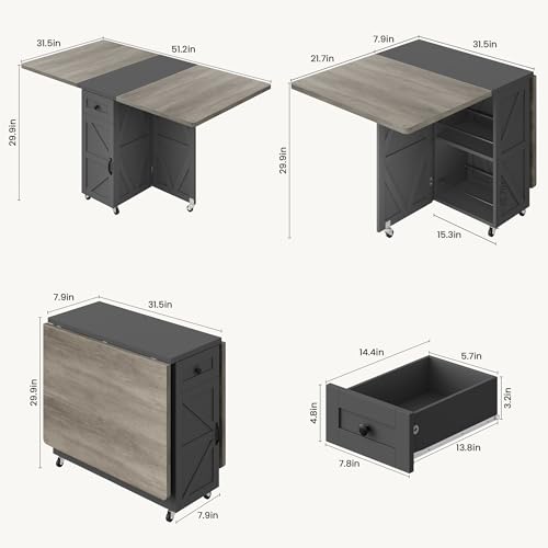 Folding Dining Table for Small Spaces with Storage, Drop Leaf Kitchen Table | 3-in-1 Foldable Dining Table with Drawer & Shelves, Converts to Desk or Console for Apartment Living - color: Slate Grey, size: 51.1"D x 31.4"W x 29.9"H