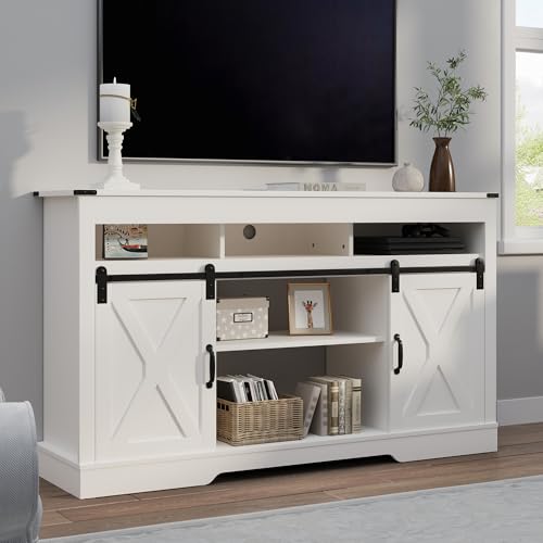 RoyalCraft Farmhouse TV Stand for 23" Fireplace, 34'' Tall Entertainment Center for 65+ Inch TV, 34" Tall Rustic TV Console with Sliding Bar Door for Living Room, White - color: White, style: Without Fireplace