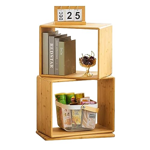 2-Tier Modern Rotating Bamboo Bookcase, DIY Free-Standing Bookshelf Large Capacity Creative Open Book Cabinet, 2 in 1 Nightstand Storage Organizer Lattice Shelf for Home, Office, Living Room, 2-Cube - size: 2-Tier