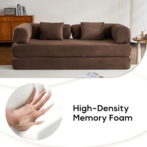 ZEIINPA Convertible Folding Couch Bed, Comfy Corduroy Sleeper Floor Sofa Bed with Fixed-Shape Frame, Floor Sofa with Armrest, Lounge Couch for Living Room Bedroom Lounge Studio, Dark Brown
