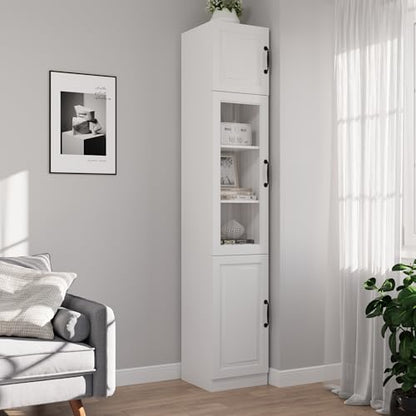 Bobve 86.6" H Extra Tall Narrow Storage Cabinet, Tall Bathroom Cabinet with Glass Door and Shelves, 5-Tier Free-Standing Cube for Bathroom, Living Room, Kitchen, White - size: 1-Pack