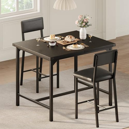 GAOMON Dining Table Set for 2 w/Backrest, Counter Height Table with 2 Upholstered Bar Stools, 3-Piece Kitchen Table Set with Footrest & Corner Protector, for Dining Room, Kitchen, Retro Black