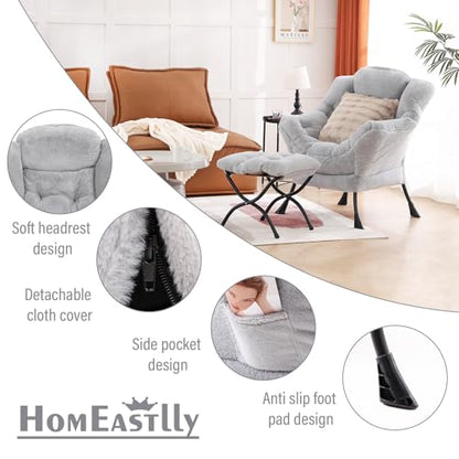 Lazy Chair with Ottoman, Plush Reading Chair with Pillow，Grey | Removable machine-washable cover; includes an extra throw pillow; cozy accent chair for living room, bedroom, dorm or office - color: Plush Light Grey