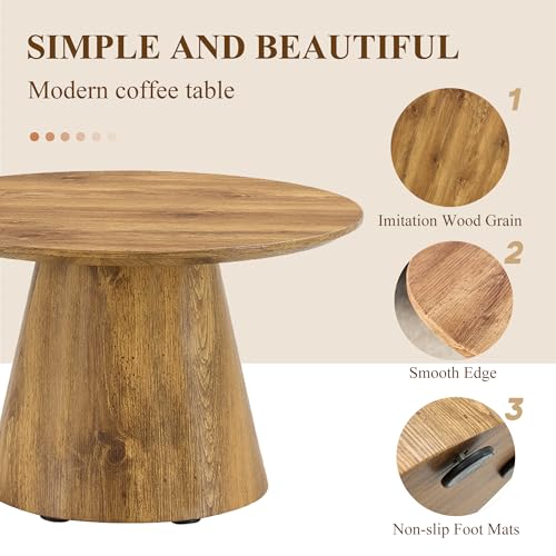 Wood Coffee Table, 23.6" Small Coffee Table, Natural Wood Grain Round Tabletop with Wooden Cone Base, Round Living Room Table with Adjustable Feet, Mid Century Center Table for Apartment,Small Space - color: 23.6" Wood Coffee Table