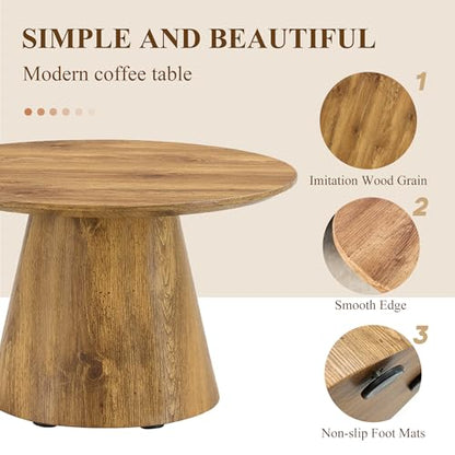 Wood Coffee Table, 23.6" Small Coffee Table, Natural Wood Grain Round Tabletop with Wooden Cone Base, Round Living Room Table with Adjustable Feet, Mid Century Center Table for Apartment,Small Space - color: 23.6" Wood Coffee Table