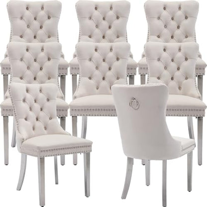 Beige Velvet Dining Chairs Set of 8, Tufted Kitchen & Dining Room Chairs | Eight Fabric Dinning Chairs, Velvet Upholstered, Wing Back, Metal Pull Ring, Chrome Legs, Wood Frame, Mid Century Modern - color: A-3 Beige Velvet, Silver Legs, size: 8