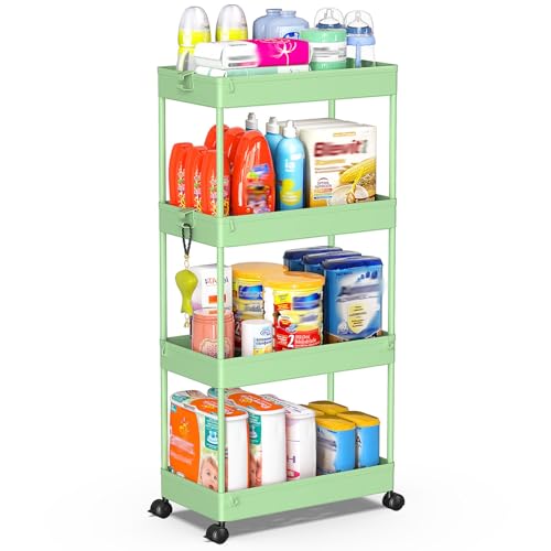 SPACEKEEPER 4 Tier Rolling Cart, Bathroom Cart Organizer with Wheels, Green | Mobile Storage Cart for Laundry Room Organization,Kitchen,Office,Bathroom, Utility Cart for Snack,Craft,Art,Makeup,Nail,Toys - color: Green, size: 4 Tier