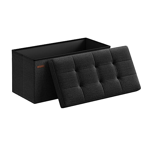 SONGMICS Mazie Collection - 76.2cm(30인치) 접이식 보관 오토만 벤치, 오토만 발 받침대, 침대 끝 벤치, 보관 상자, 하중 299.4kg(660파운드), 거실, 침실, 입구, 잉크 블랙 ULSF047B01 - color: 잉크 블랙., size: 15"D x 30"W x 15"H