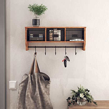 HBCY Creations Wall Mounted Shelf with Coat Hooks and Baskets, Solid Wood Entryway Organizer Wall Shelf with Hooks - Hang Coats, Keys or Coffee Mugs, Rustic Brown 24" Wide - color: Rustic Brown