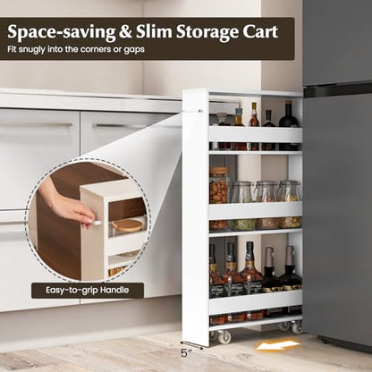Slim Storage Cart, 4-Tier Rolling Cart with Handle & Wooden Top for Kitchen Bathroom Laundry Living Room Narrow Small Spaces, 5 Inches Width (Plain White) - color: Plain White