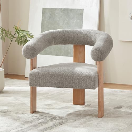 VKNOW Barrel Accent Chair, Vanity Chair with Armrests and Rubberwood Legs | Mid Century Modern Upholstered Living Room Chairs with Open Back, Chenille Fabric, for Living Room, Bedroom, Light Gray - color: Light Gray, size: Set of 1