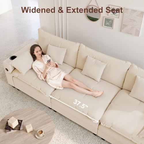 KCGKCG 116" 3-Seater Cloud Sofa, Modular Sectional Couch, Chenille Deep Seat Cloud Couch with Charging Station, Cup Holder, Side Pocket, Double Layer Seat Cushion Couches for Living Room, Beige - color: Beige, size: 116"- Loveseat