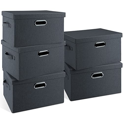 Graciadeco Medium 15" 21 Quart Collapsible Stackable Storage Bins with Lids, 5 Packs Dark Gray Foldable Fabric Closet Storage Boxes with Lids, Lidded Heavy-duty Linen Baskets(15x11x8) | 21 Quart 5 Pack Dark Gray Collapsible Stackable Linen Fabric 4 Handle