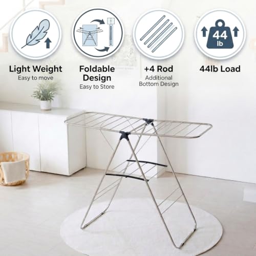 TRESBELLE Stainless Steel Clothes Drying Rack,Foldable Laundry Dryer,Size Ｌ | Space-Saving Clothes Airer, Indoor & Outdoor Use, Height-Adjustable Wings, Collapsible Garment Laundry Drying Stand - size: Large