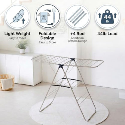 TRESBELLE Stainless Steel Clothes Drying Rack,Foldable Laundry Dryer,Size Ｌ | Space-Saving Clothes Airer, Indoor & Outdoor Use, Height-Adjustable Wings, Collapsible Garment Laundry Drying Stand - size: Large