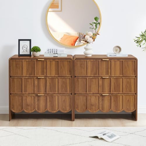 3 Drawer Dresser for Bedroom Set of 2, Modern Closet Chest of Drawers with Wave Fluted Drawer, Wood Storage Small Dresser Organizer for Nursery Bedroom Living Room Hallway Closet (Walnut) - color: 2 Set Walnut Scallop 3 Drawer
