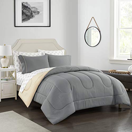 Idea Nuova Casa 7-Piece Solid Reversible Comforter Set with Bonus Sheets, Dark Gray, Queen, 86"x86" - color: Dark Gray, size: Queen