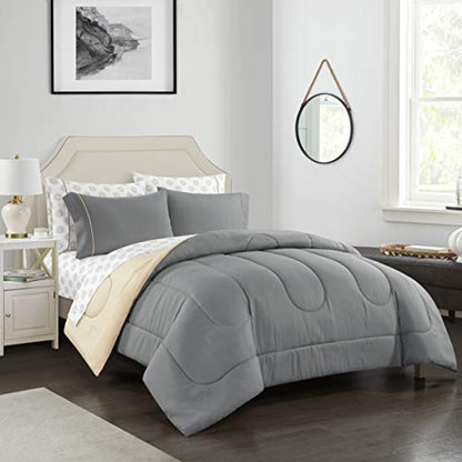 Idea Nuova Casa 7-Piece Solid Reversible Comforter Set with Bonus Sheets, Dark Gray, Queen, 86"x86" - color: Dark Gray, size: Queen