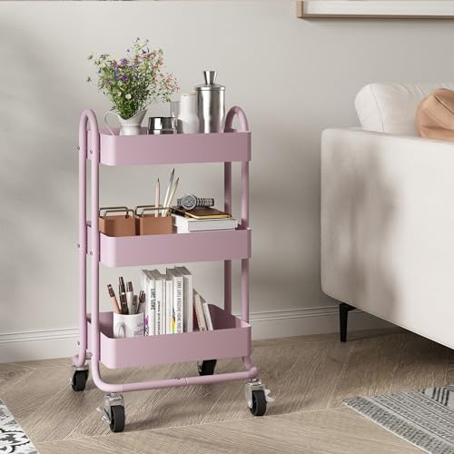 Metal Rolling Cart,3-Tier Pink Rolling Cart with Wheels,Metal Utility Cart with Wheels for Office,Home,Kitchen,Garden（13.4"x18.1"x31"） Pink - color: Pink, size: 31"H