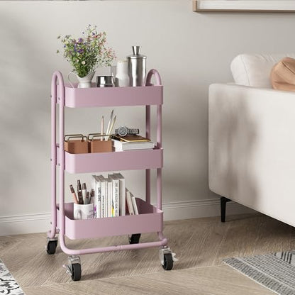 Metal Rolling Cart,3-Tier Pink Rolling Cart with Wheels,Metal Utility Cart with Wheels for Office,Home,Kitchen,Garden（13.4"x18.1"x31"） Pink - color: Pink, size: 31"H