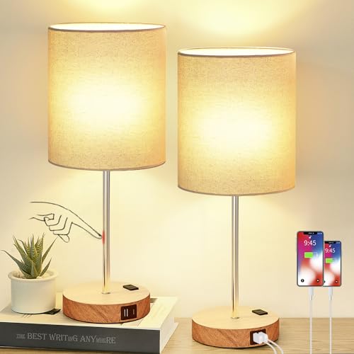 Lynnoland Set of 2 Touch Wood Table Lamps, Bedroom Lamps with 2 USB AC Outlet, 3-Way Dimmable Bedside Nightstand Lamps for Bedroom Living Room Nursery, 800 Lumens 2700K Bulbs Included - color: (2 Pack)Cream & Wood(Base)-2700K Bulbs Included