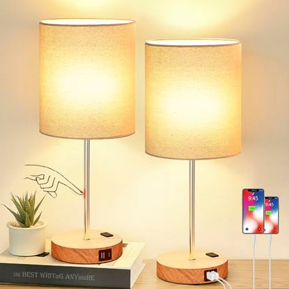 Lynnoland Set of 2 Touch Wood Table Lamps, Bedroom Lamps with 2 USB AC Outlet, 3-Way Dimmable Bedside Nightstand Lamps for Bedroom Living Room Nursery, 800 Lumens 2700K Bulbs Included - color: (2 Pack)Cream & Wood(Base)-2700K Bulbs Included