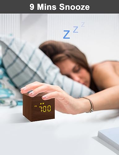 Digital Alarm Clock, with Wooden Electronic LED Time Display, 3 Alarm, 2.5-inch Cubic Small Mini Wood Made Electric Clocks for Bedroom, Bedside, Desk, Brown