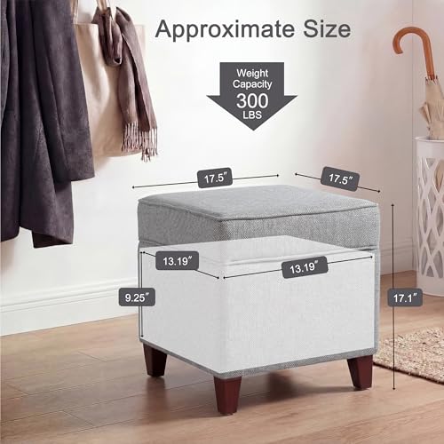 Linen Storage Ottoman with Wooden Legs, 17" Square Upholstered Flip-Top Footrest Stool, Extra Seat or Coffee Table for Living Room, Bedroom, Entryway, Grey - color: Grey