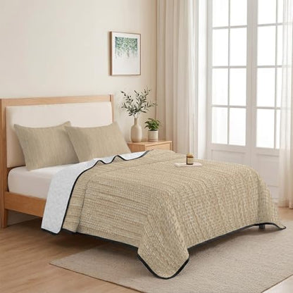 Twin XL Quilt Bedding Set, Minimalist Light Khaki Soft Microfiber Summer Bedspread Coverlet with 2 Pillow Shams for All Season, Crosshatch Linen Textured Breathable Bedding Set for Hot Sleepers - size: Twin XL