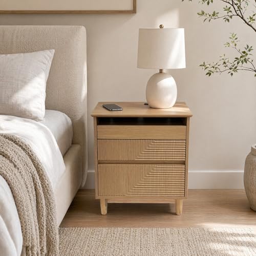 Nightstand with Charging Station, 3 Drawers Fluted Bedside Table, USB Ports Outlets, Mid Century Modern End Table, 1 Small and 2 Large Drawers, Natural Oak 、Walnut Finish (Natural Wood Color) - color: Natural Wood Color