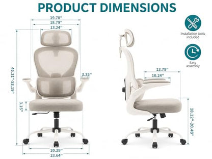 Ergonomic Office Chair with Adjustable Headrest & Lumbar Support, High Back Mesh Desk Chair, 330 LBS Capacity Swivel Computer Chair with Flip-Up Arms, Home Office Gaming Chair(Grey)