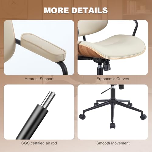 Mid Century Modern Office Chair with Armrest and Adjustable Backrest, Beige | Wooden frame with armrests & adjustable backrest, swivel & height-adjustable, PU leather seat for home office comfort - color: Beige