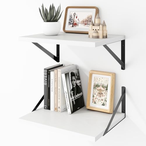 Acovy Deep Floating Shelves Wall Mounted, 16"x12" White Wall Shelves with Brackets Set of 2 for Bedroom, Living Room, Bathroom, Kitchen, Office - Storage & Display Shelf for Decor, Books, Plants - color: White, size: 16"Wx12"D-2pcs