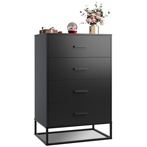 Black Dresser for Bedroom with 4 Drawers, Tall Wooden Chest of Drawers with Sturdy Metal Frame, Small Storage Organizer Cabinet for Closet, Hallway, Living Room - color: Black
