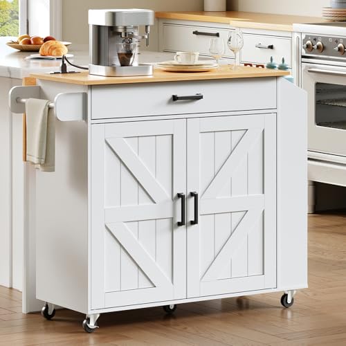 HOOBRO Kitchen Island with Drop Leaf Countertop & Power Outlet, Rolling Island Cart on Wheels, Kitchen Cart with Drawer & Spice Rack, Mobile Island Table for Kitchen, White and Natural WN86UZD01 - color: Natural + White